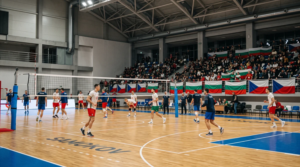 Зрители и знамена на България и Чехия в зала преди волейболна контрола в Самоков