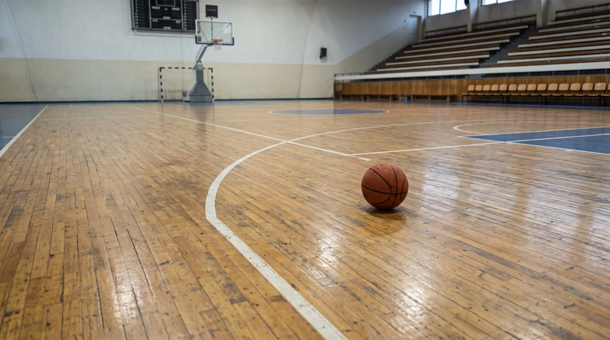 Баскетболна топка на игрището в зала в Самоков след турнир за млади състезателки.