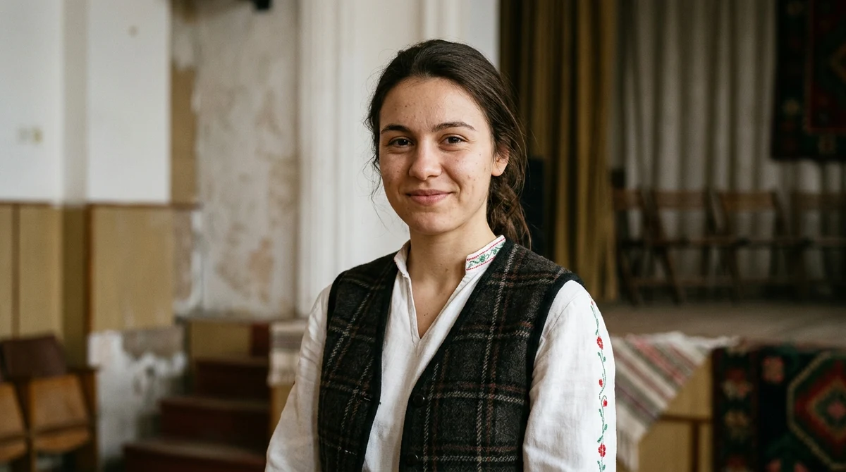 Илюстративен портрет на Димана Еринина, млада фолклорна певица, в културна зала в Самоков.